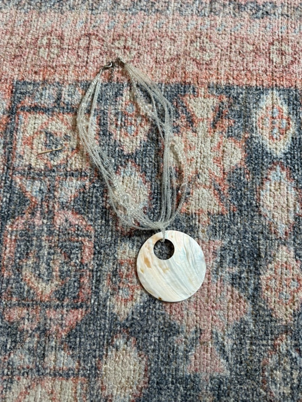 Vintage Mother-of-Pearl Disc Pendant Necklace with Multi-Strand Silver Chains
